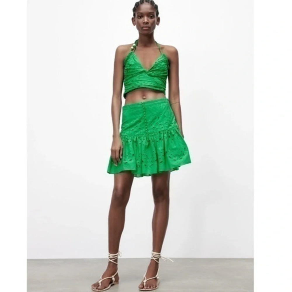 New Zara Openwork Embroidery Green Top
